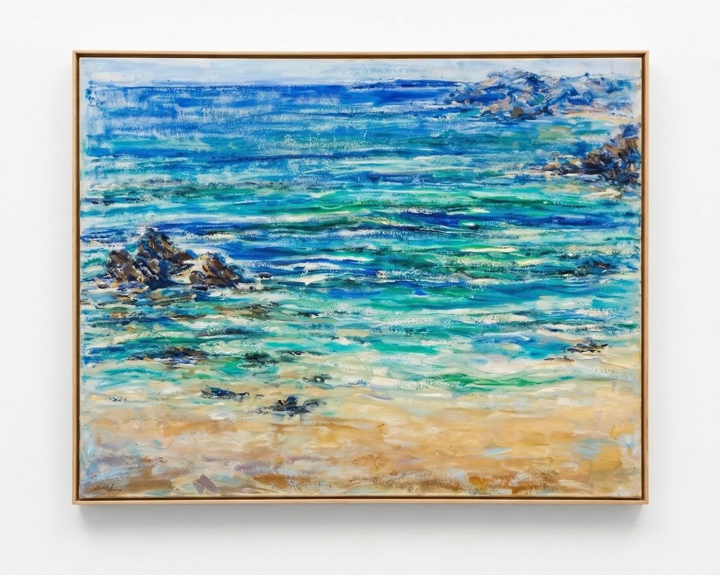 Oil painting of the Menorcan coastline — turquoise sea, rocks and sand